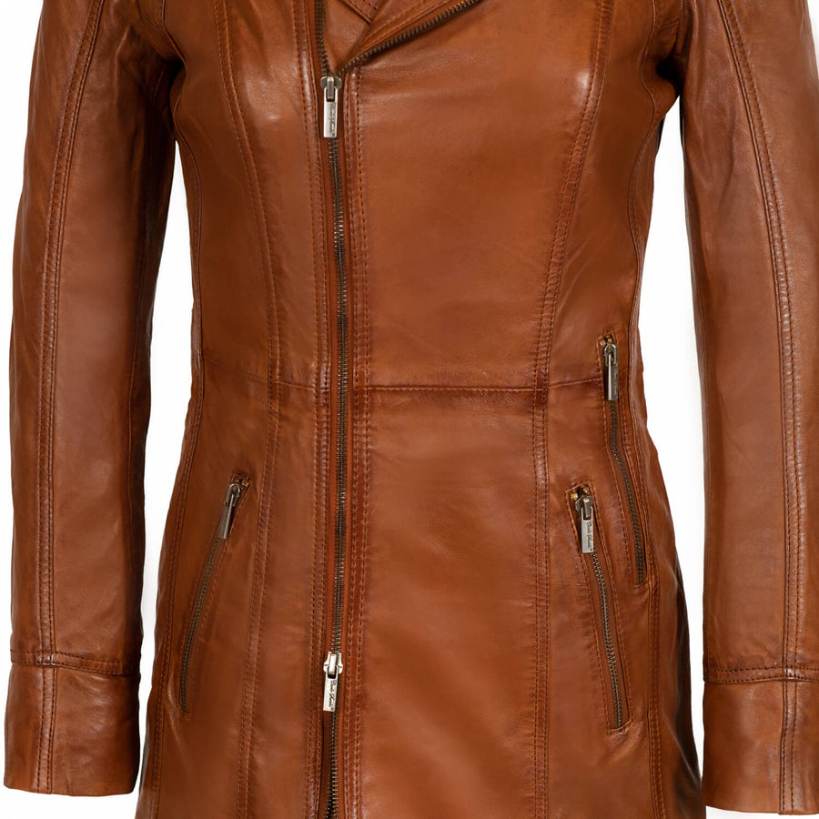 Carlo Sacchi Ladycoat Cognac Lange Lerenjas