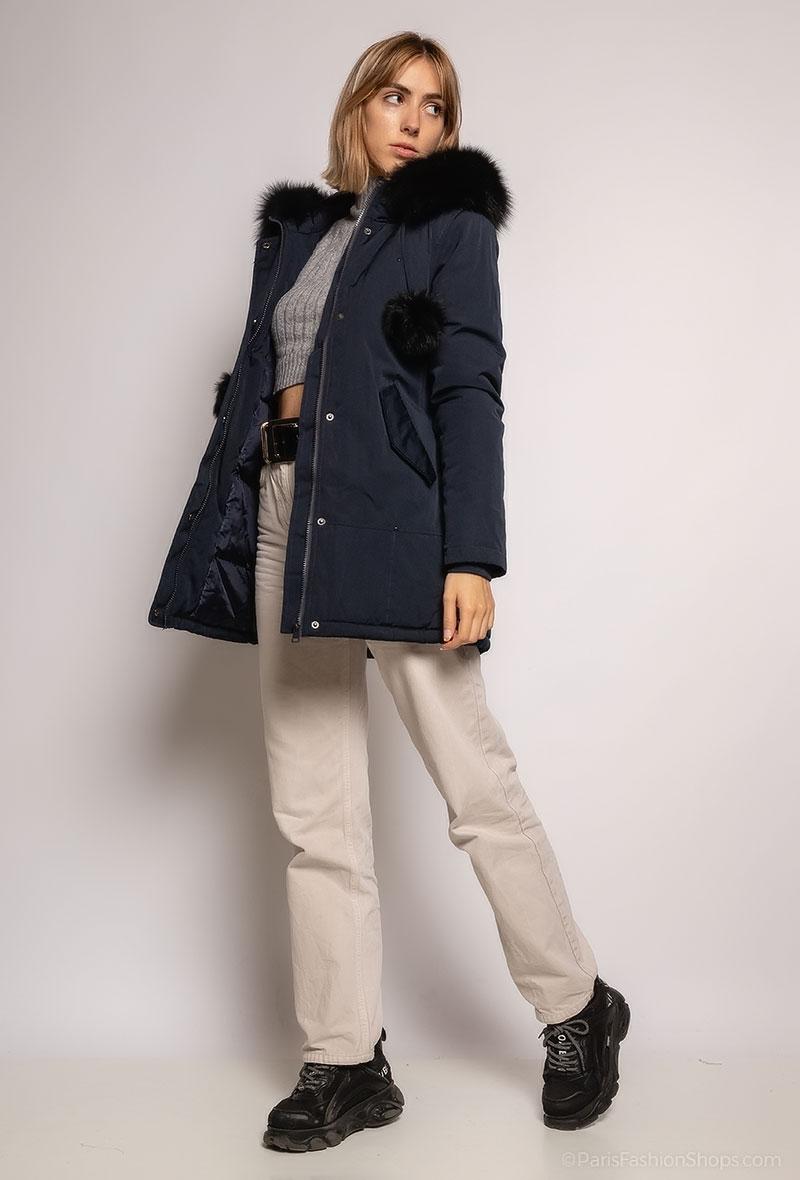 Attentif Parka met Zwarte Bontkraag Blauw